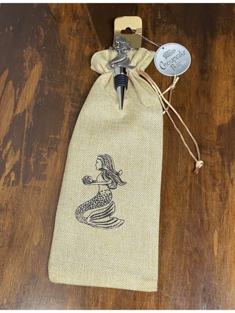 Chesapeake Bay Mermaid Wine Bottle Stopper & Bag Beach Biege Silver Nautical